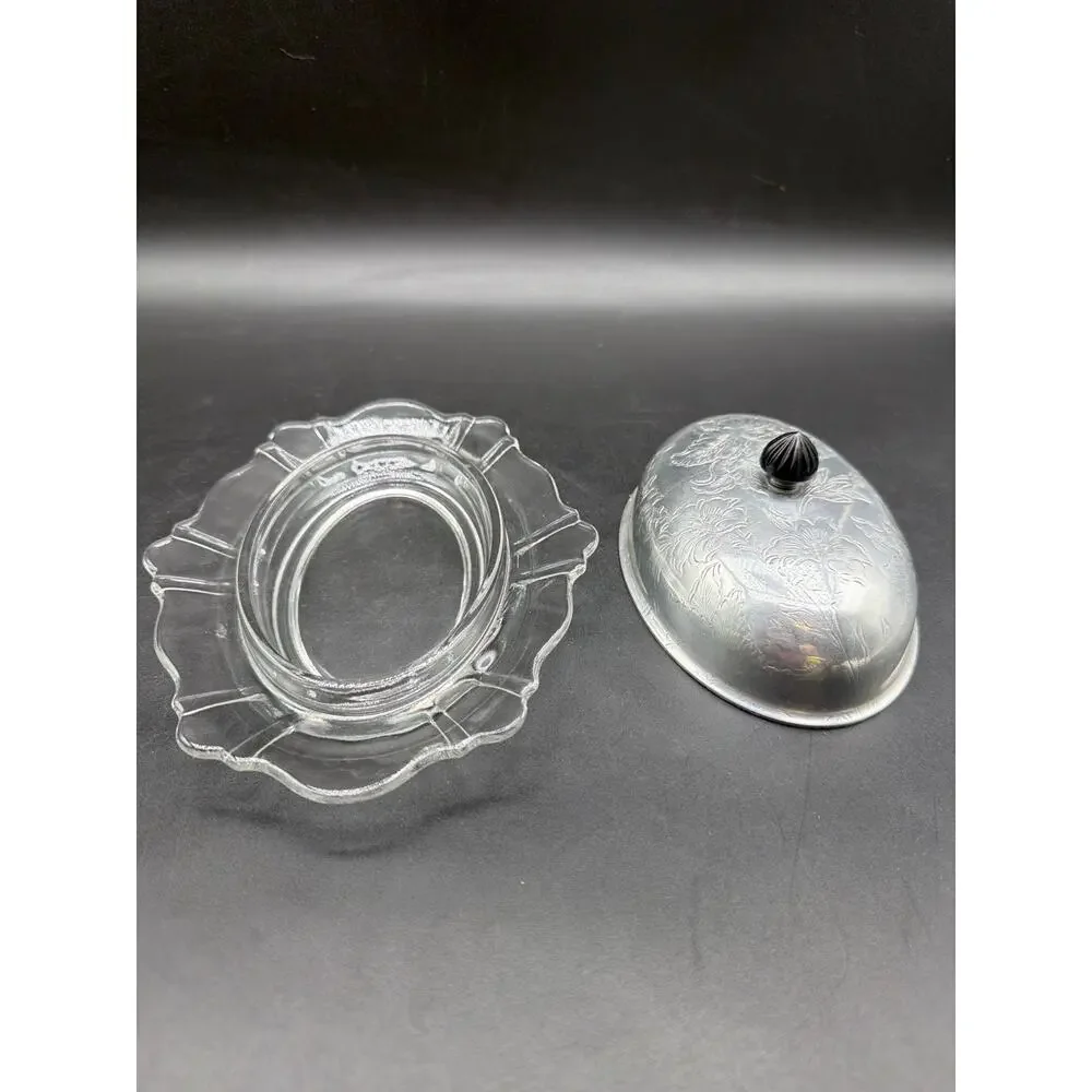 Vintage Clear Glass Butter Dish Embossed Aluminum Hibiscus Floral lid Bakelite
